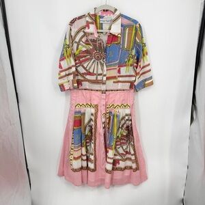 DIZZY-LIZZIE mrs maisel midi dress in wagon wheel print pink blue sz XL